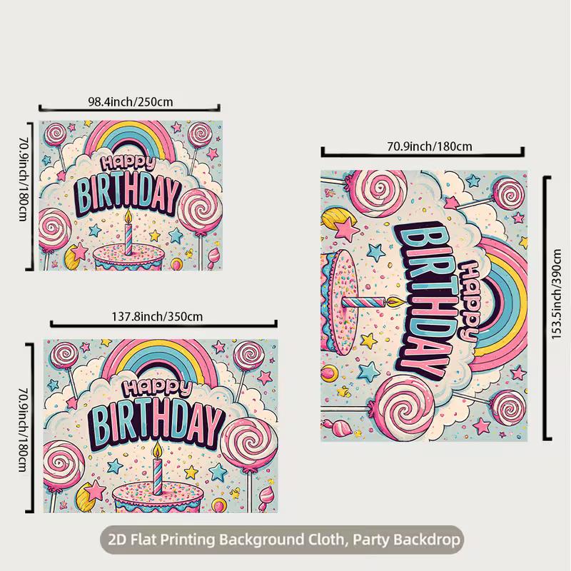 2D Candyland Birthday Backdrop, Pastel Rainbow, Lollipops and Cake Background Cloth
