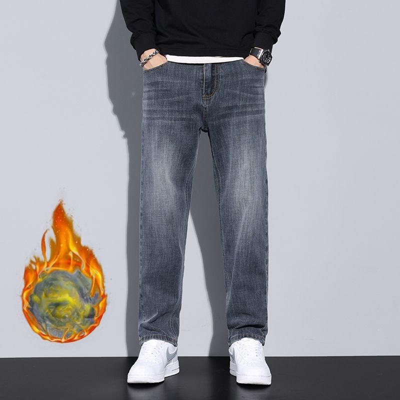 

Mens High Street Jeans Fashion Straight Leg Warm Autumn Winter Men Classic Casual Plush Jeans Male Srtetch Baggy Denim Trousers Daily Wear 38