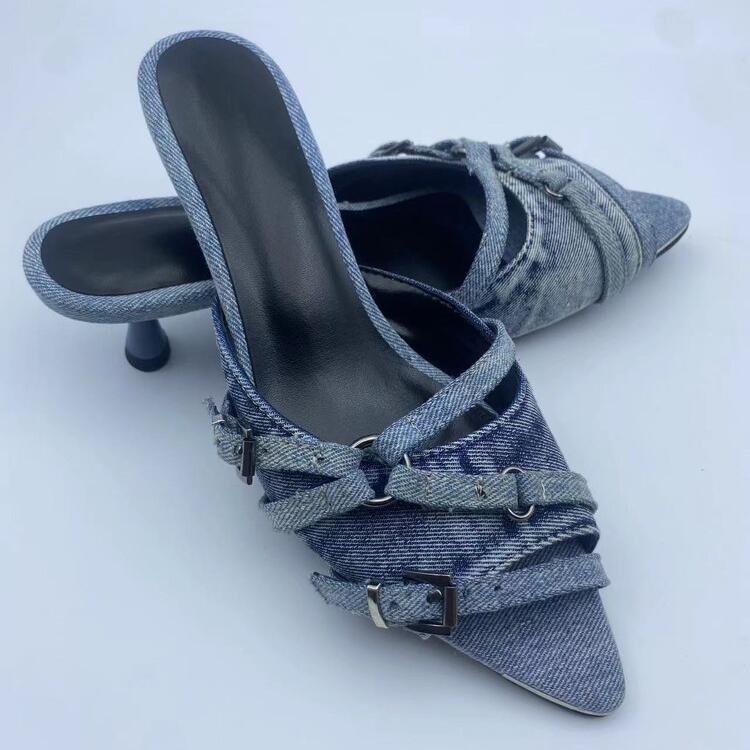 Fashion Brand Blue Denim Belt Buckle Hollow Out Fashion Slippers Summer New Comfortable Women's 5.5cm Low Heel Commuting Sandals Size 43