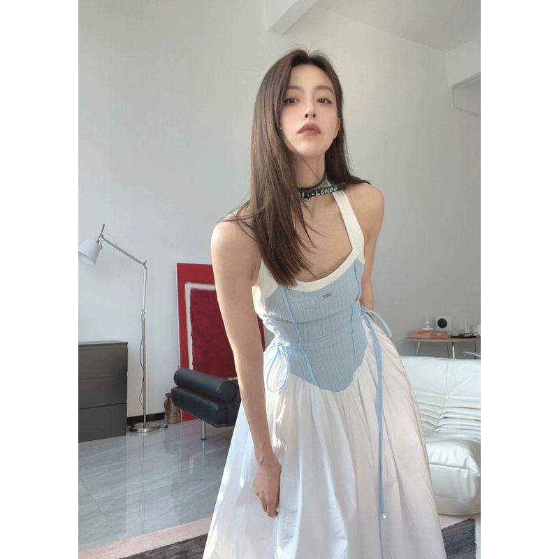 

Preppy Style Color Matching off-the-Shoulder Dress Women s Summer Long Tight Waist Slimming False Two-Piece Halter Fancy Skirt White S