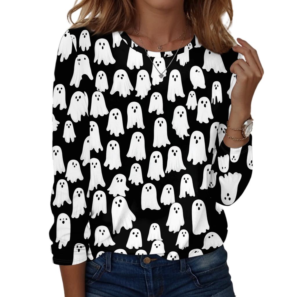 Women's Long Sleeve Casual Pullover Sweatshirt Halloween Ghost Pattern Round Neck Top Lightweight Comfortable Fit