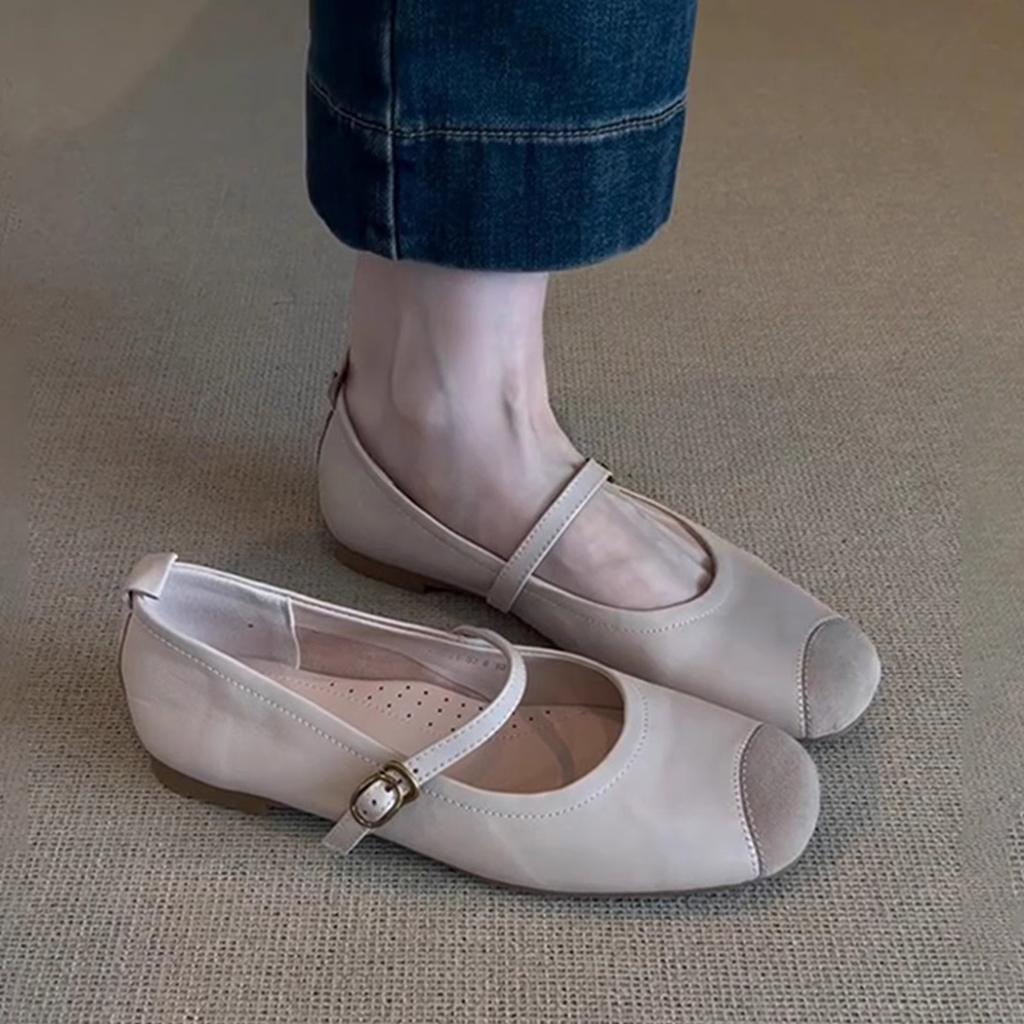 Sheepskin version~ retro soft-soled leather splicing one-word belt Mary Jane single shoes women's shallow commuter flat-soled ballet shoes