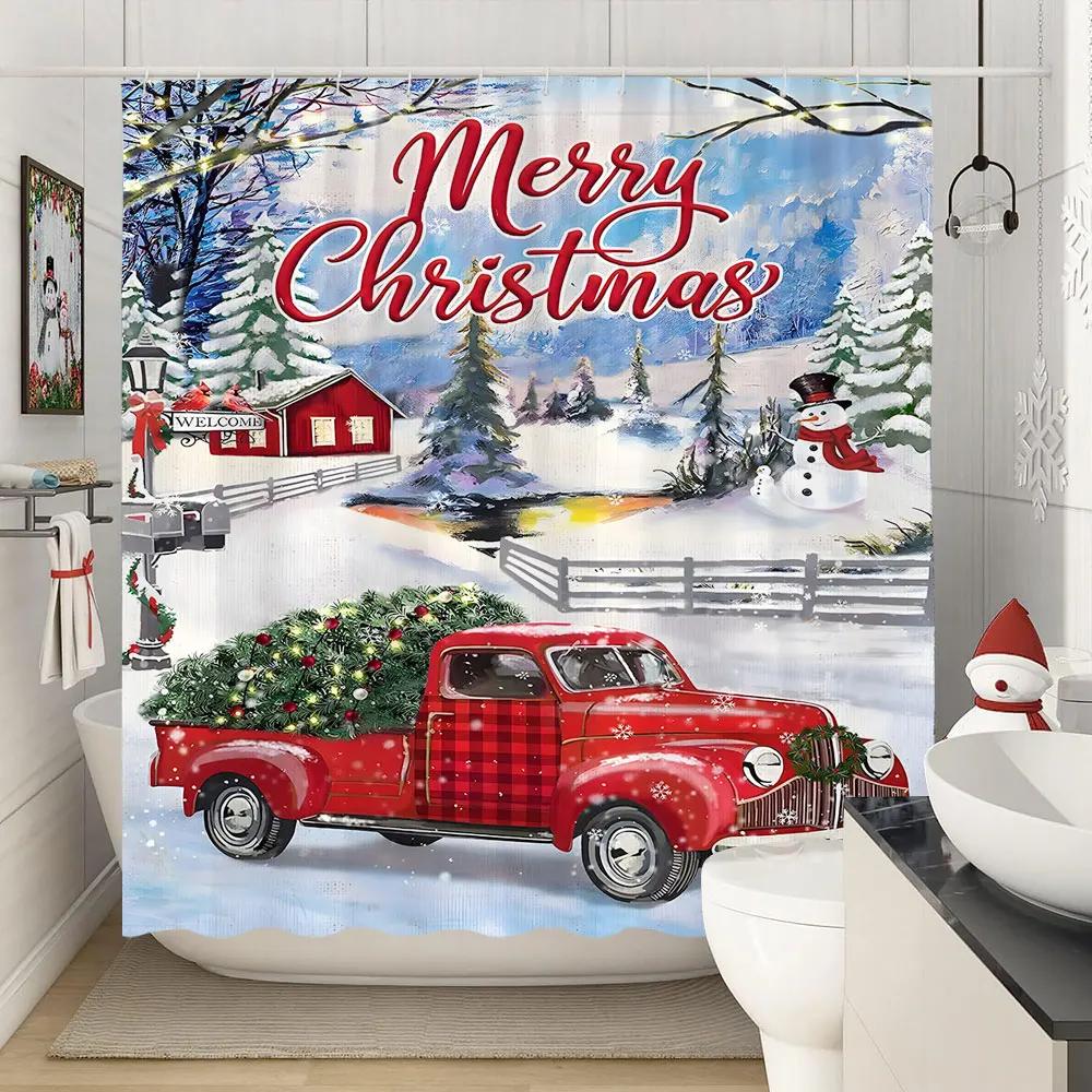 Frohe Weihnachten Duschvorhänge Winter Schneeflocke Weihnachten Kiefer Blätter Lampe Urlaub Bauernhaus Home Stoff Bad Vorhang Badezimmer Dekor