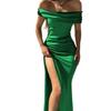 Solid Color European & American Style One-Shoulder Slit Long Dress - Classy, Sexy, Shiny