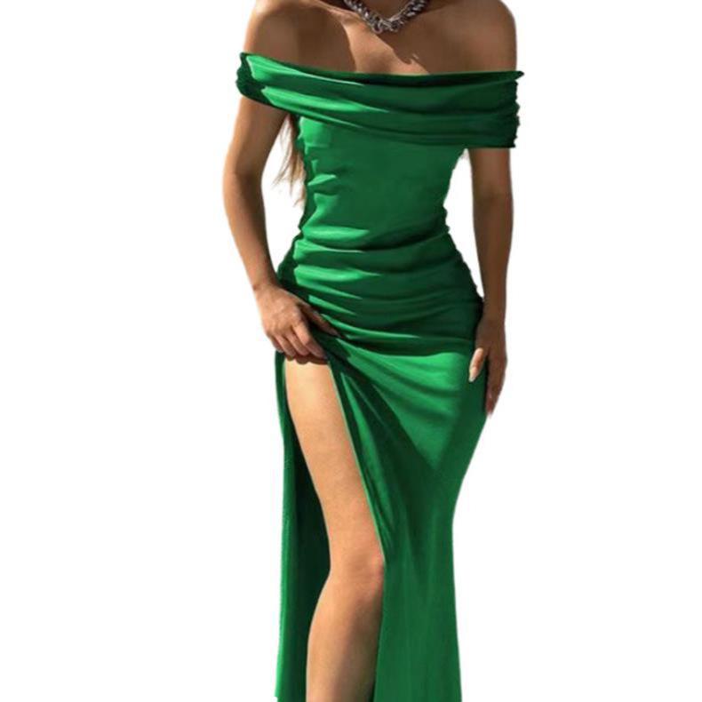 Solid Color European & American Style One-Shoulder Slit Long Dress - Classy, Sexy, Shiny