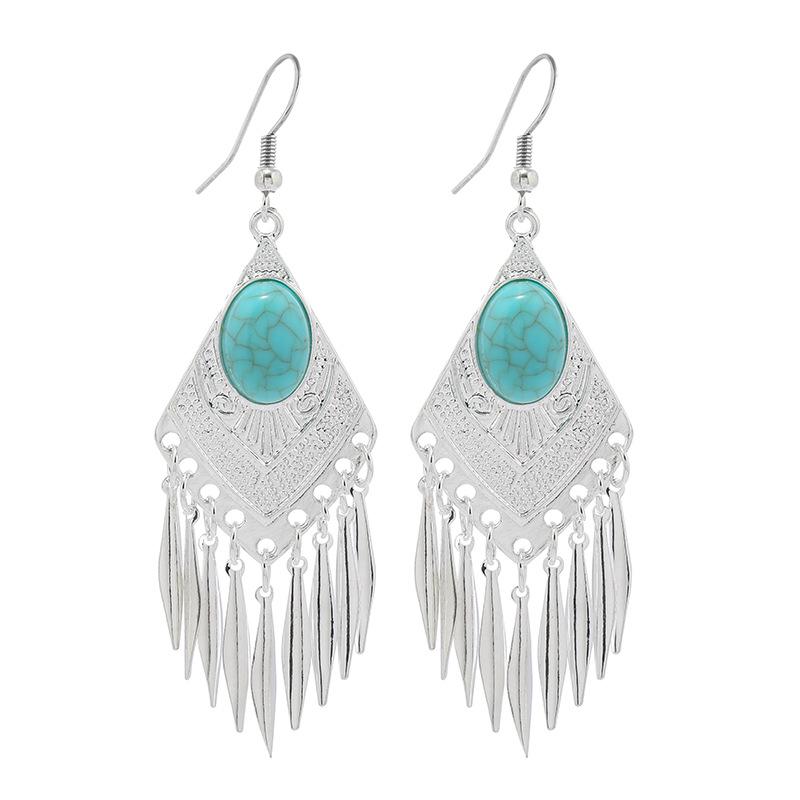 Retro Handmade Miao Silver Fringed Earrings Inlaid Turquoise Long Earrings Female Exotic Yunnan Dance Earrings