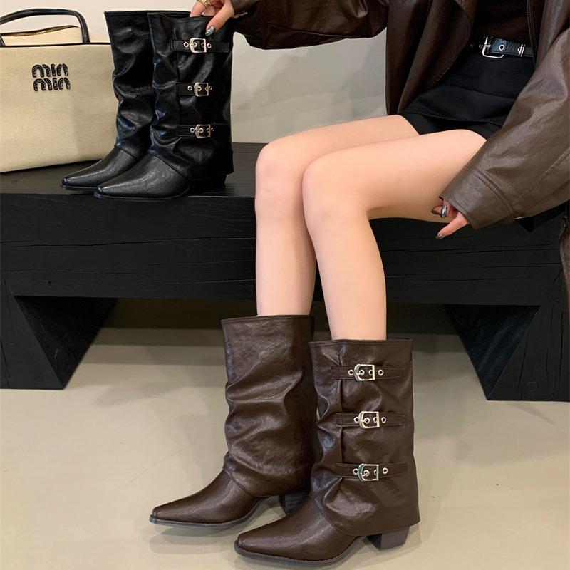 

Korean version design pointed-toed mid-tube boots women s autumn and winter new belt buckle thick-heeled knight pleated stacking boots 40 коричневый
