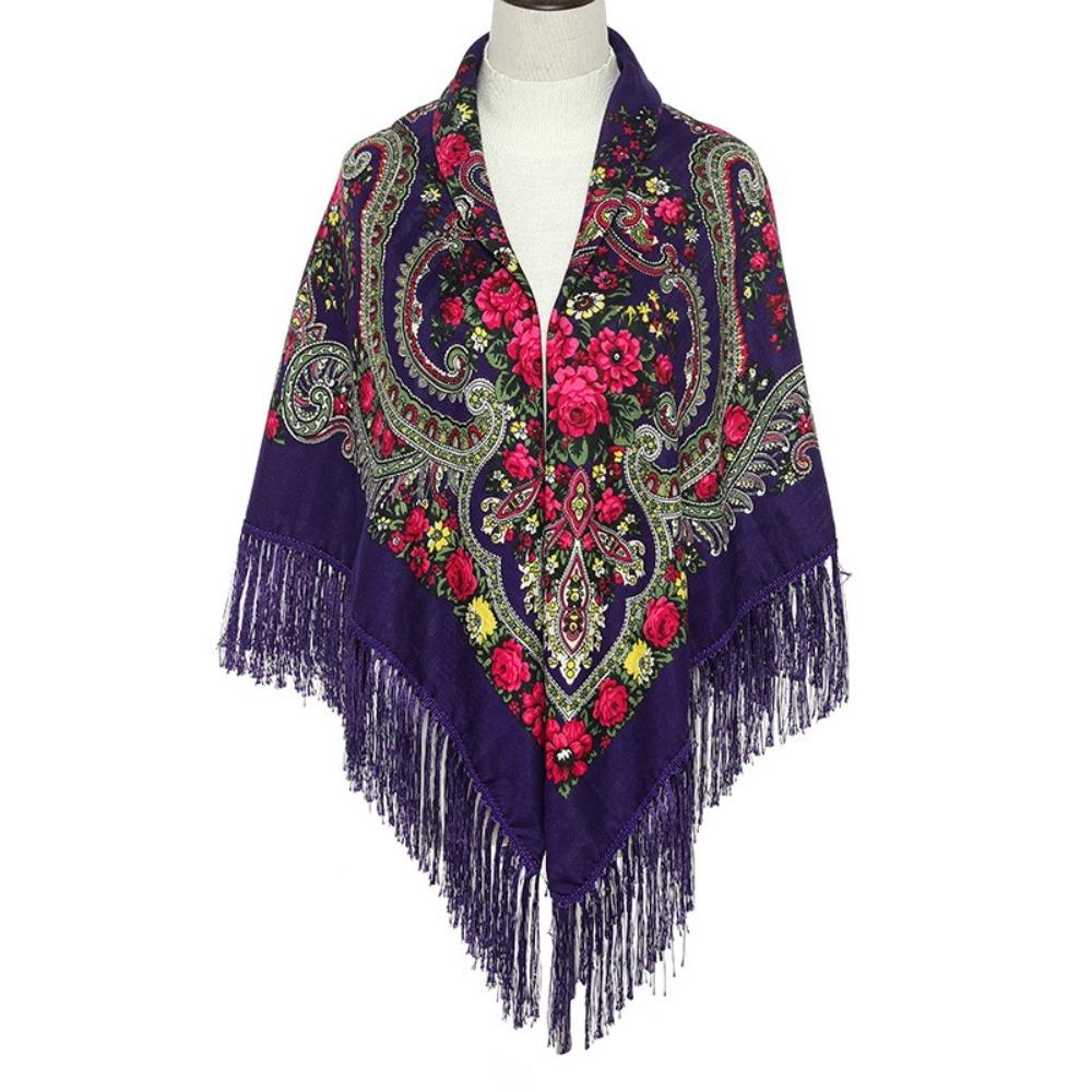 Polyester Russian Square Scarf Tassel Trim Floral Print Scarf Tassel Shawls Outdoor Activities