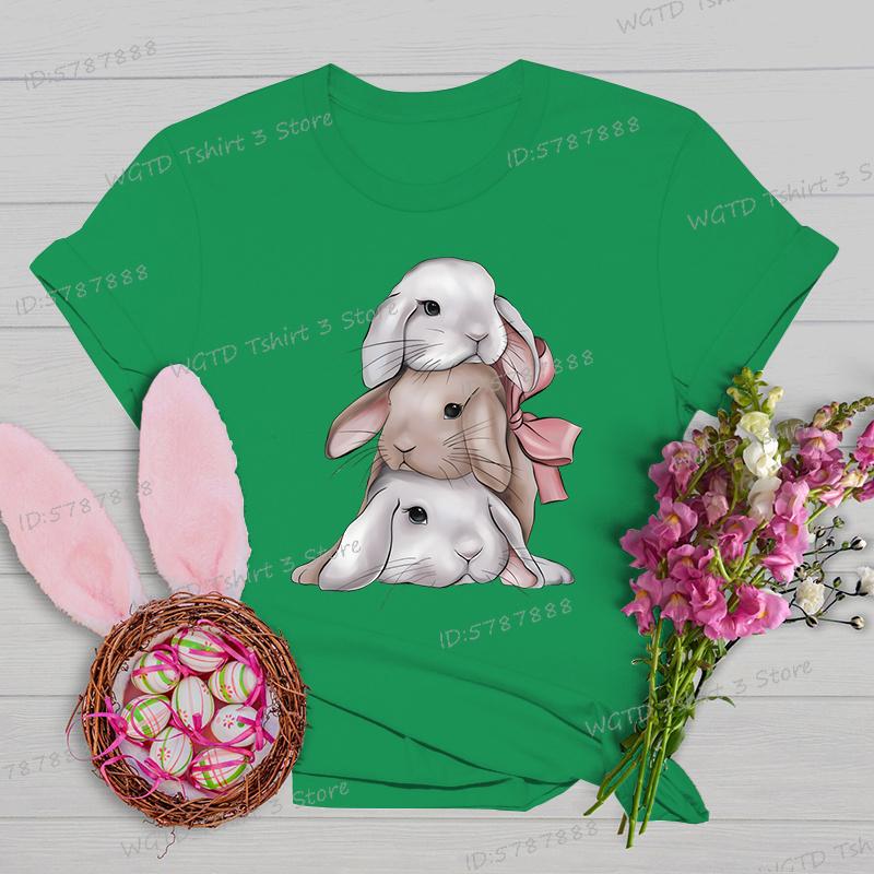 Easter Rabbit Shirts and Blouses Women Gift for Christian Crew Neck Short Sleeve Tshirt Cute Animal Bunny Easter Cartoon Tshirt