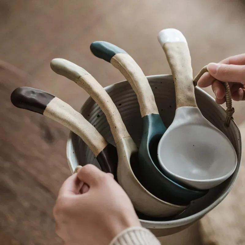 Japanese Creative Handmade Stoneware Large Soup Spoon Simple Household Tableware Ceramic Big Rice Spoons Home Kitchen Supplies