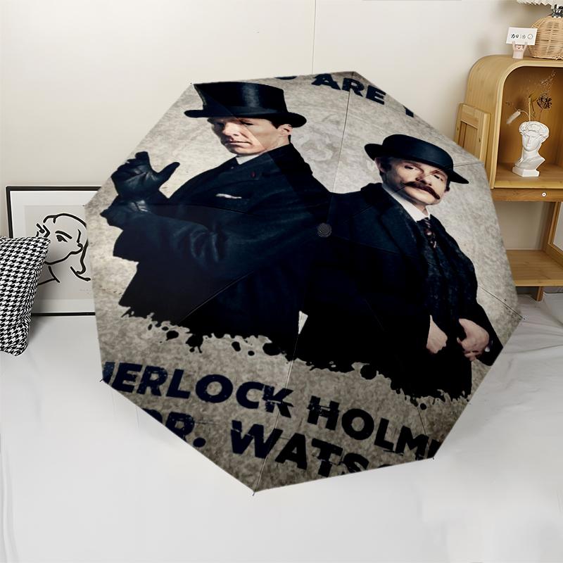Sherlock Holmes Thema Automatischer Regenschirm, Leicht & Tragbar, 8 Speichen, Perfekt für Reisen im Freien, Geburtstage, Weihnachten, Geschenke.