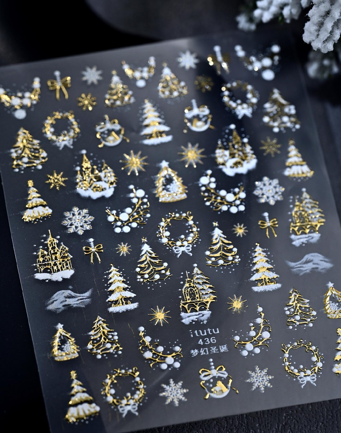 5D Embossed Gold Castle/Garland/Christmas Tree Nail Stickers White Snowflakes Bow Star Nail Decals Self-Adhesive Xmas Nail Decor