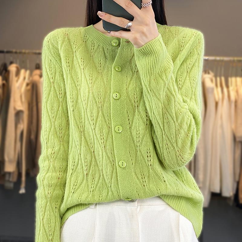 2023 Women's Retro Loose Round Neck Hollow Pure Wool Cardigan Sweater Knit - Early Autumn