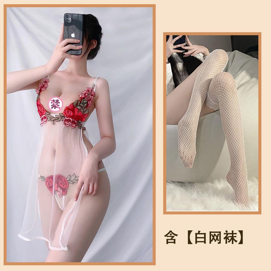 Sexy Lingerie Sexy Suspender Split Nightdress Rose Embroidered Lace Mesh Seduction Nightdress Salesian Suit