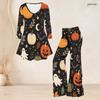 Women Plus Size Halloween Dachshund Printed V Neck Three Quarter Sleeve Flared Top Flared Pants Two Piece Set