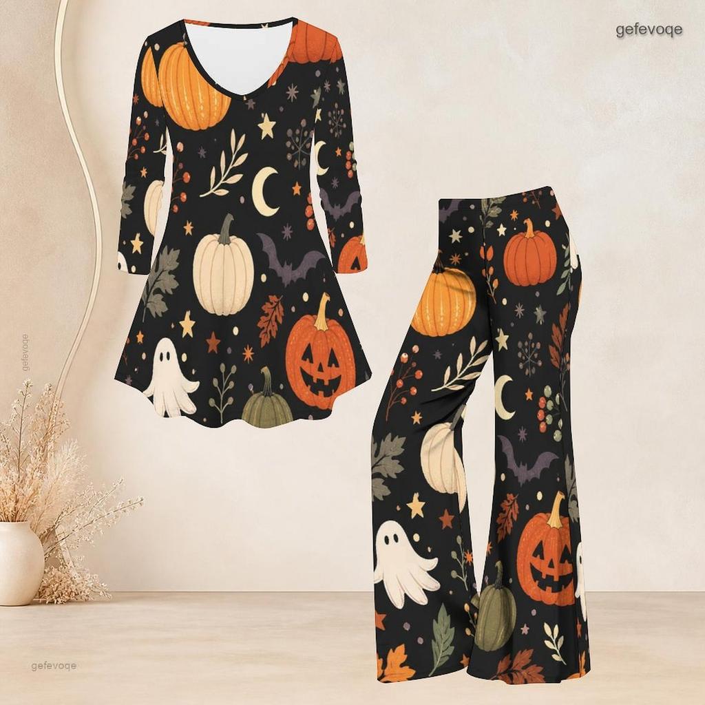 Women Plus Size Halloween Dachshund Printed V Neck Three Quarter Sleeve Flared Top Flared Pants Two Piece Set