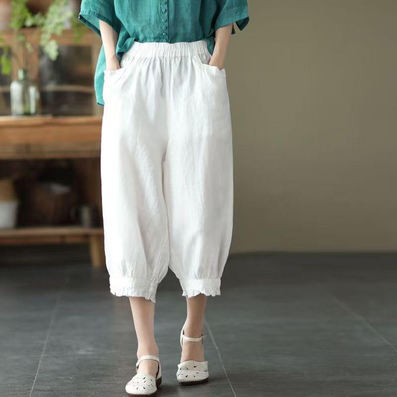 

Vintage Summer Cotton and Linen Harem Pants Women Casual Solid Slim Elastic Waist Capri Pants Cropped 4XL білий