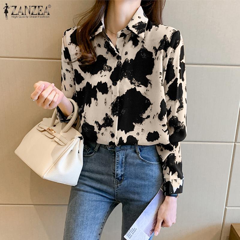 

ZANZEA Принт Повседневный откидной воротник с длинным рукавом Женская блузка
