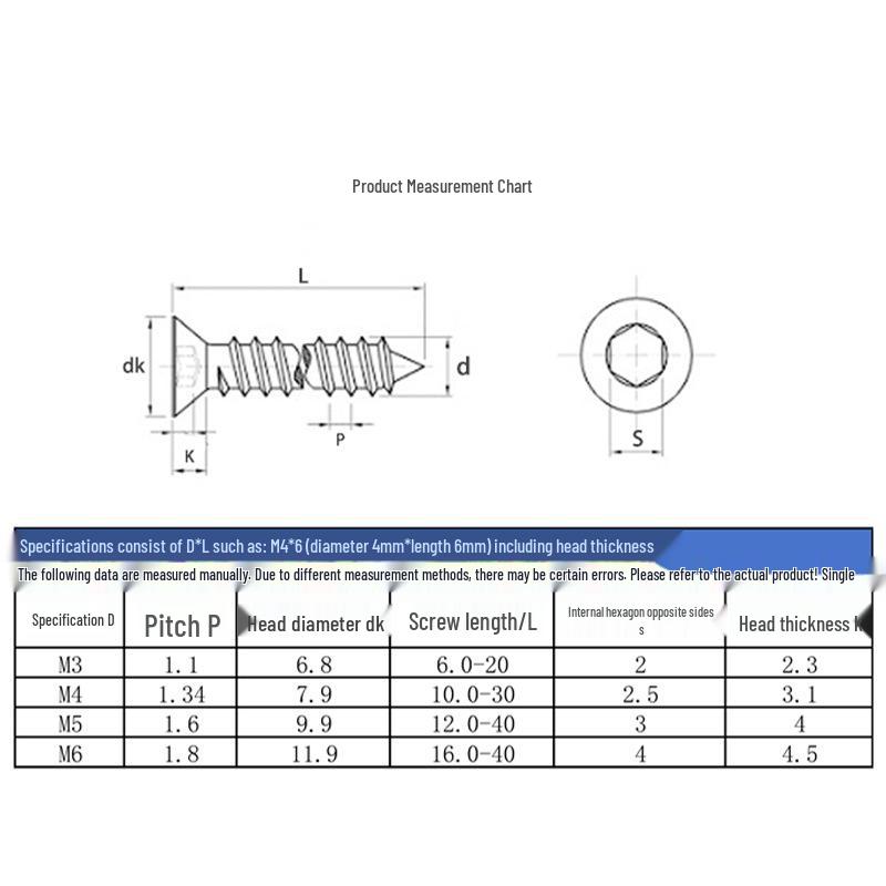 Black Carbon Steel Grade 8.8 Hex Socket Countersunk Self-Tapping Screws M3-M6