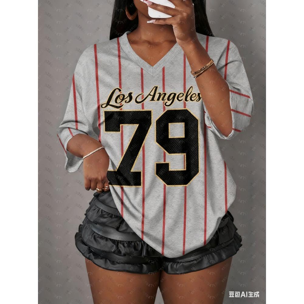 Women's Printed V-Neck Short-Sleeve T-Shirt, Summer Pattern T-Shirt, Baseball Shirt, Plus Size Sports T-Shirt