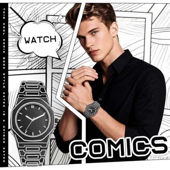 Manga-style mens wristwatch octagonal luminous quartz type 3ATM waterproof analog display removable strap reinforced glass comic-style markings watch