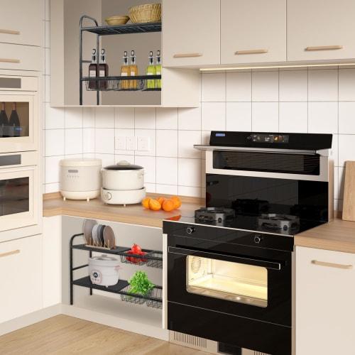 Under-sink storage rack, expandable under-bathroom storage, two-tier kitchen storage, easy assembly, space-saving, includes four storage baskets, W 53