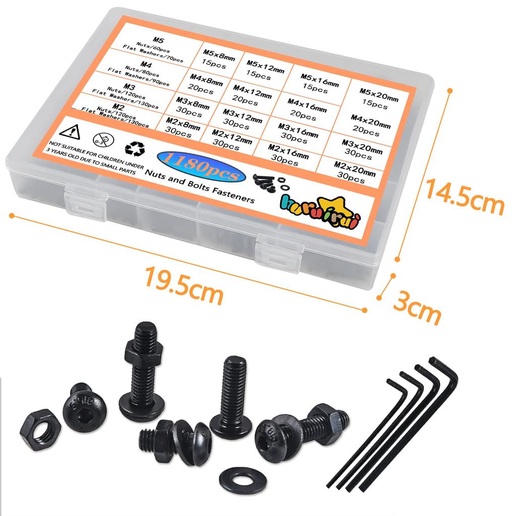 1180pcs Metric Nuts and Bolts Washers Assorted Set M2 M3 M4 M5 Black Hex Socket Head Cap Screws Bolts and Nuts Kit Thread Machine Hex Bolt Set