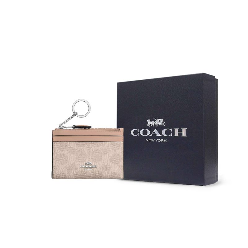 Coach Skinny Id Case With Brand Logo Metal Zipper Closure Women Card Holder Beige CW870-SVPWH