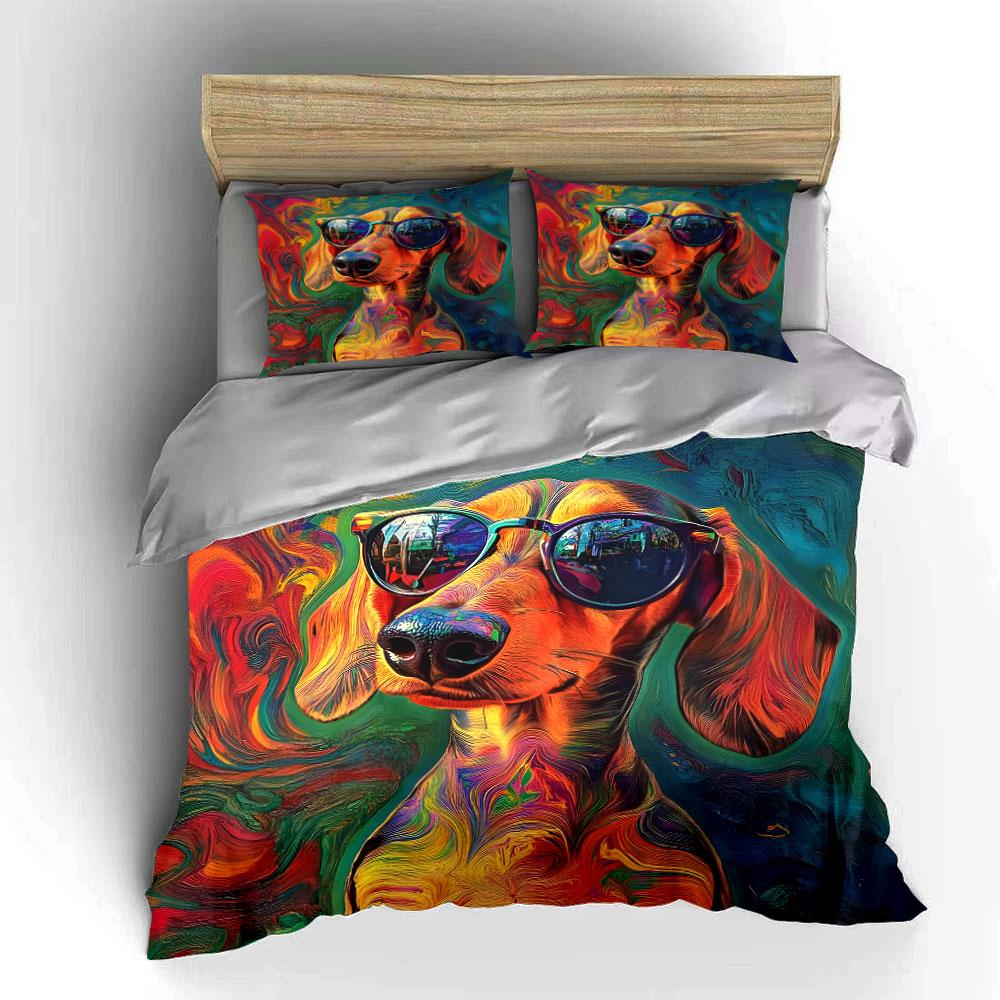Colorful Dog Art Decor Set Bedding Set with 1 Duvet Cover 2 Pillowcases Single Double King Queen, Gift