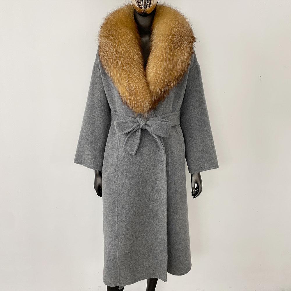 OFTBUY Kabát z pravé kožešiny 2024 Nadměrný dámský svrchní oděv Zimní dámská bunda s límcem z přírodní liščí kožešiny Kapuce Kašmírová vlněná směs Kabát