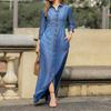 Turn-Down Collar 45720 Sleeve Women Dress Two Pockets Solid Color Single Breasted Denim