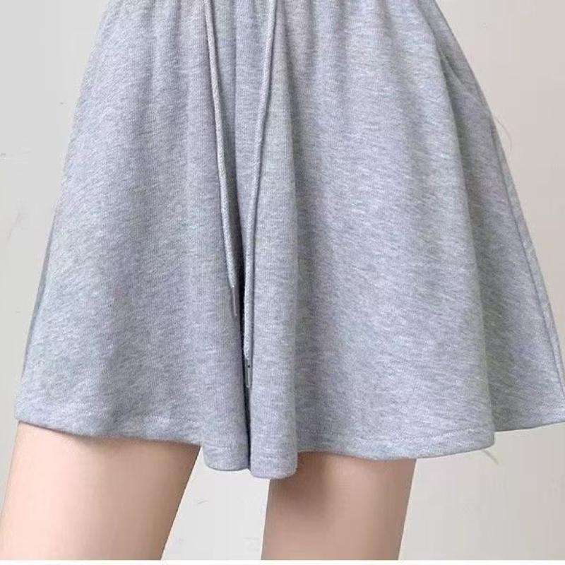 Summer Women's Gray Casual Shorts - High Waist Wide Leg Loose Fit Slimming Drawstring Skort Pants