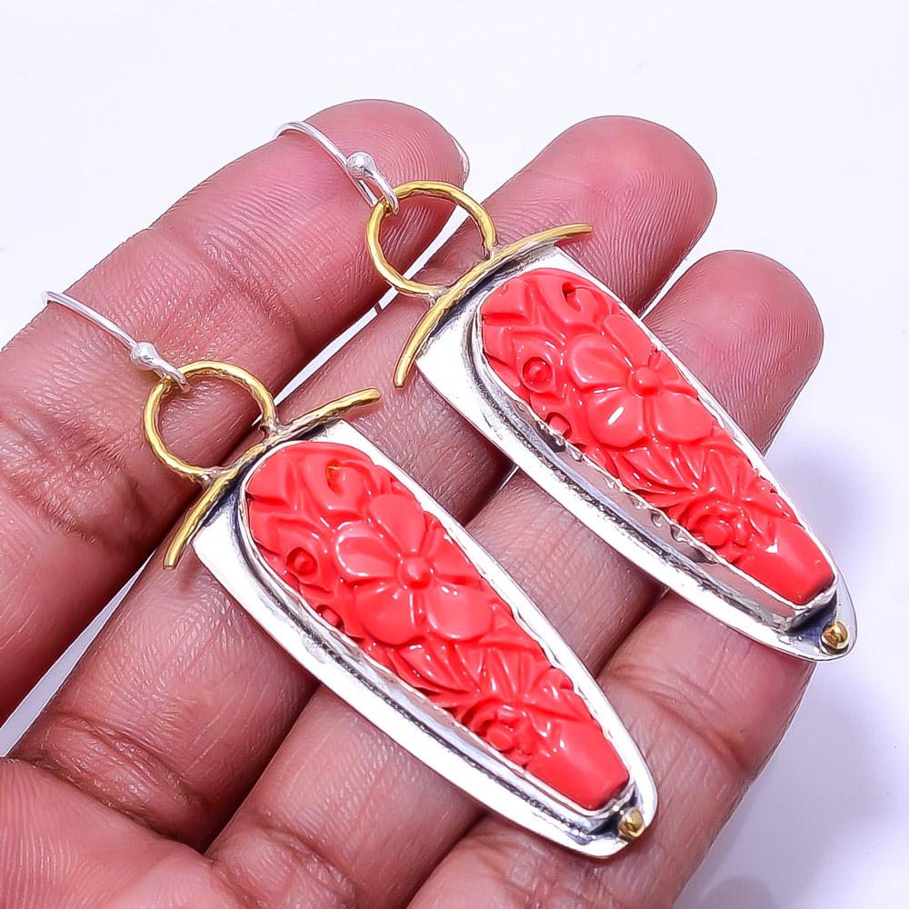 

Carved Red Coral 925 Sterling Silver Two Tone Earring 2.54 E37