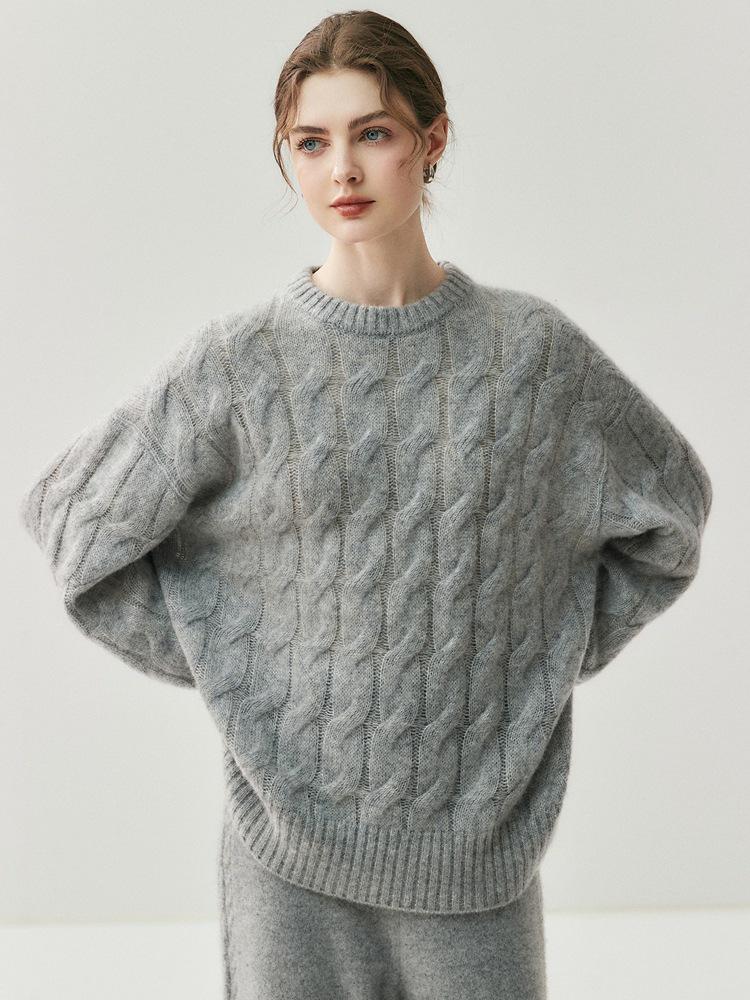 Women's Heavyweight Cable Knit Cashmere Pullover - Fall/Winter Long Sleeve Round Neck Sweater