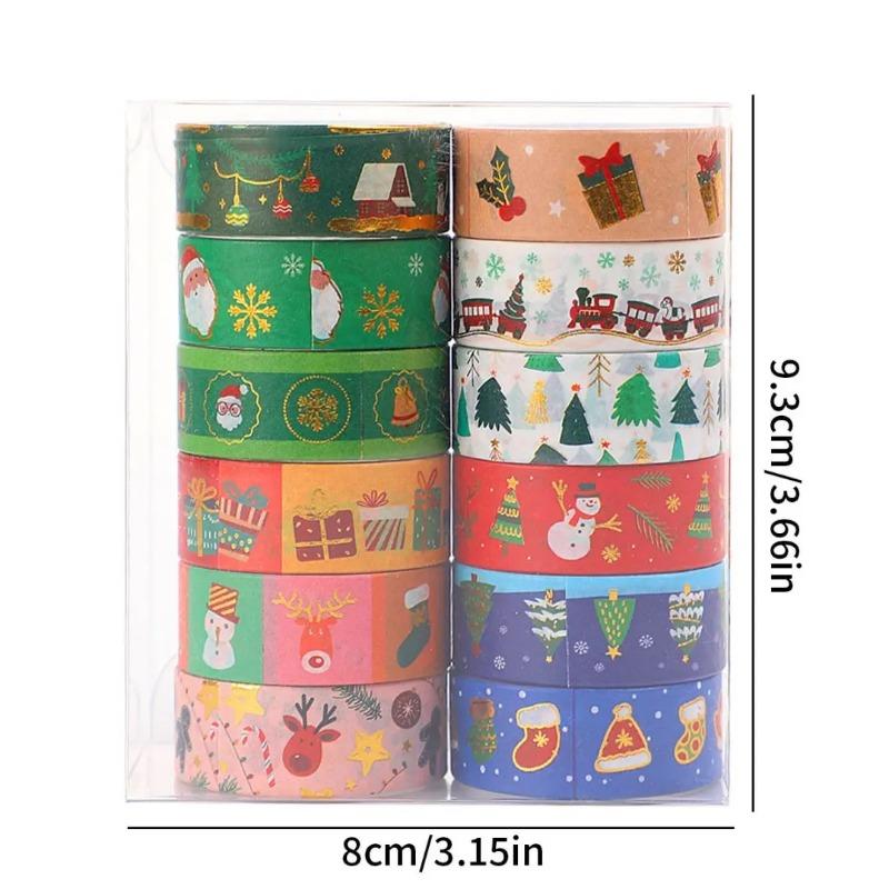 12 Rolls Cute Gold Foil Journal Decor Christmas Tape  Cartoon Holiday Design DIY Handcraft Stationery Supplies Washi Tape