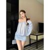 Kumikumi French style Blue off-Neck Long sleeve dress Women Autumn Temperament Chic off-Shoulder Hip Skirt Short dress