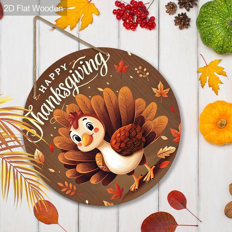 2D Flat Autumn Cartoon Turkey Welcome Wall Decorative Plaque, Round Wooden Hanging Plaque, Perfect for Fall Decor, Front Door, Porch, Garden