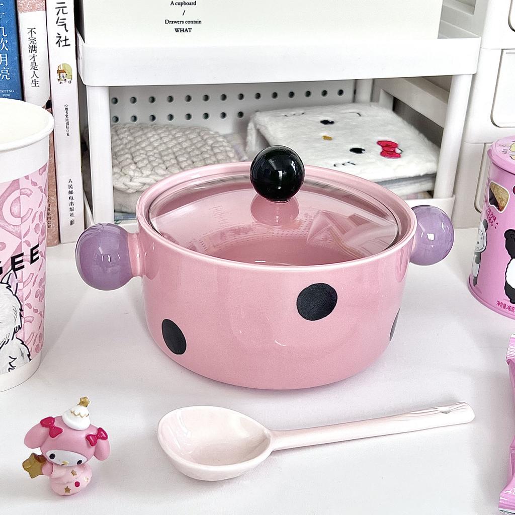 Ins Cute Contrasting Color Ceramic Instant Noodle Bowl with Lid Good-looking Rice Bowl Binaural Soup Bowl Student Dormitory Instant Noodle Bowl
