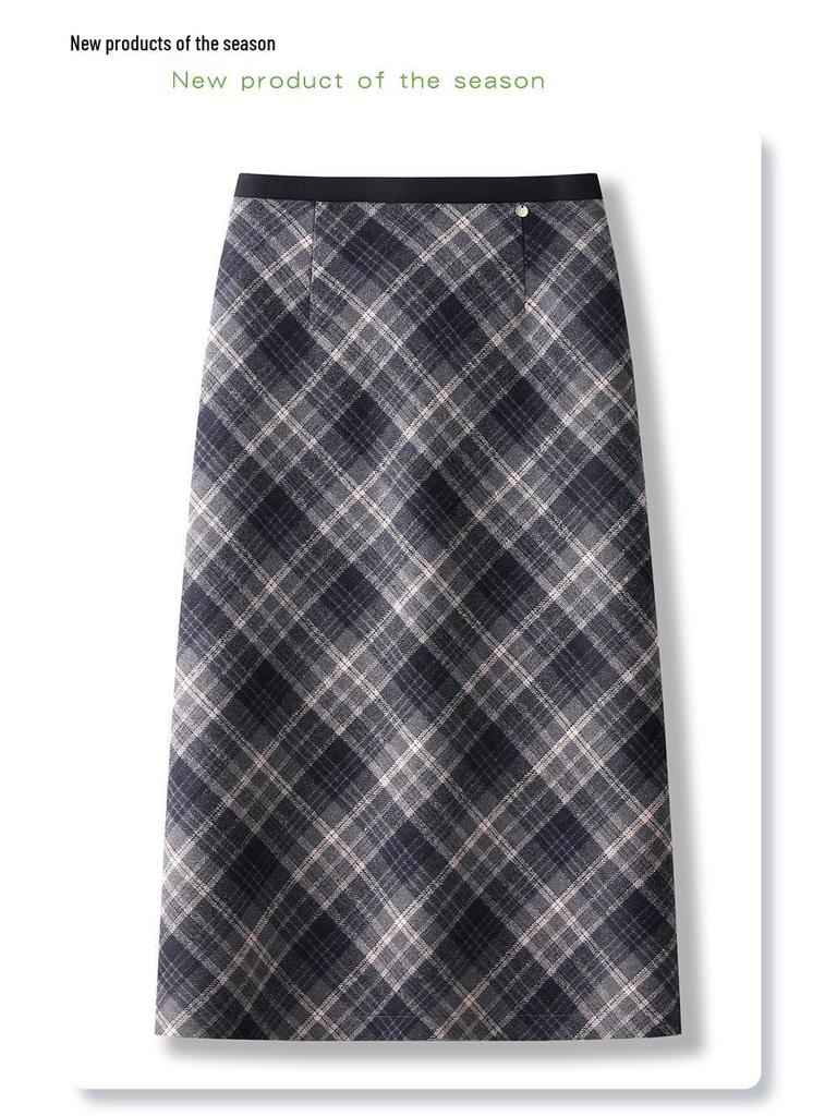 Dámská kostkovaná vlněná midi sukně s rozparkem vzadu - Podzim/Zima 2024 Bodycon styl