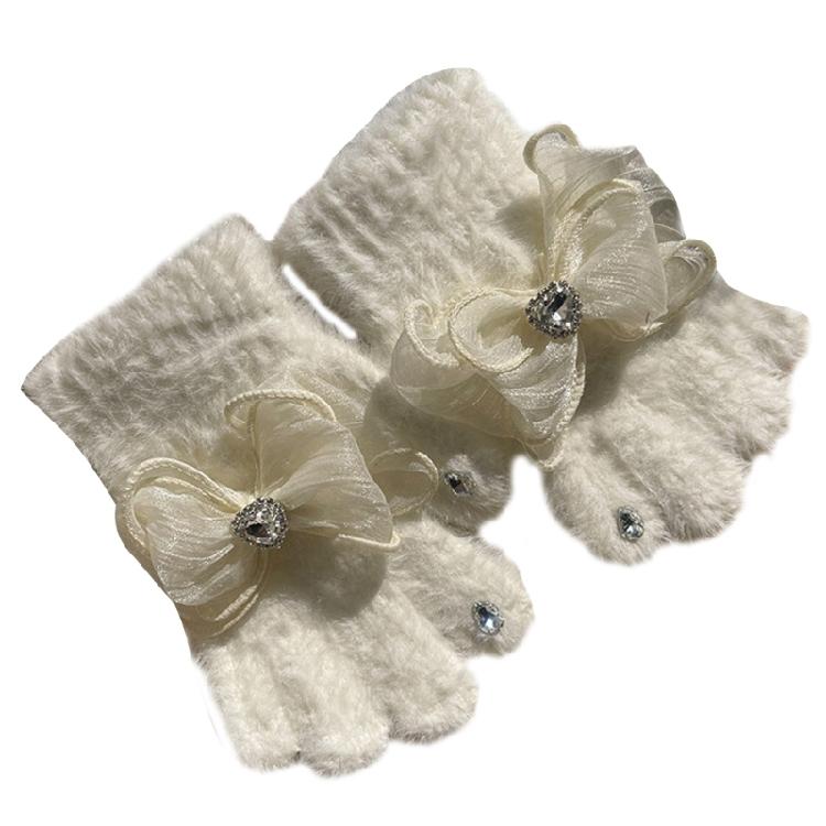 Keep Warm Full Finger Gloves Children Rhinestone Mitten with Cute Bowknot M