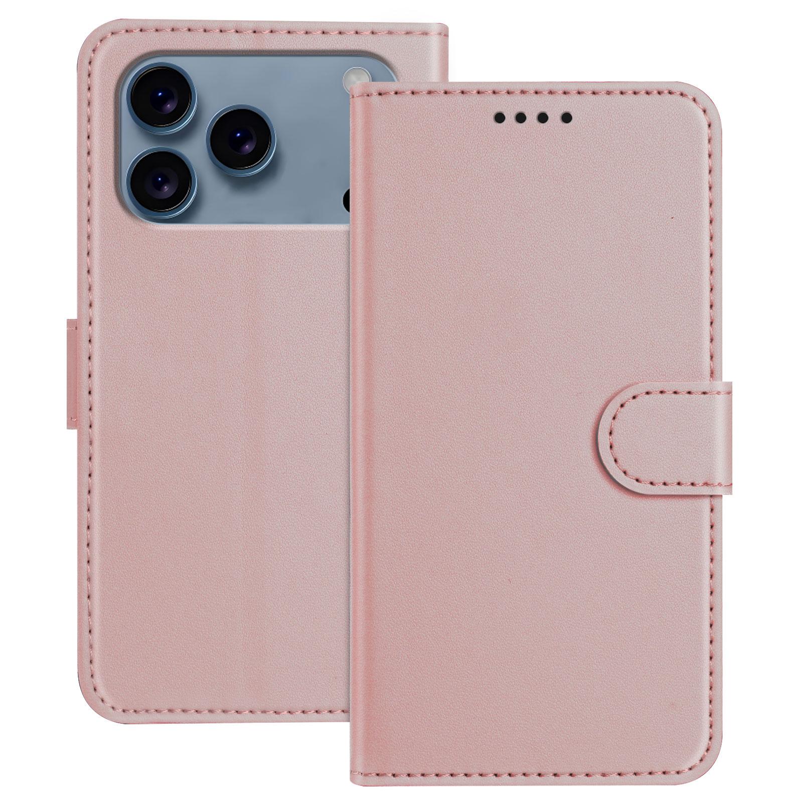 

For iPhone 17 Pro Max Leather Case Wallet Stand Solid Color Anti Drop Phone Cover Rose Gold