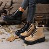 Block Heel Platform Booties Fashion Round Toe Lace-up Side Zipper Soft Sole Anti-Slip Wear-Resistant Women's Shoes