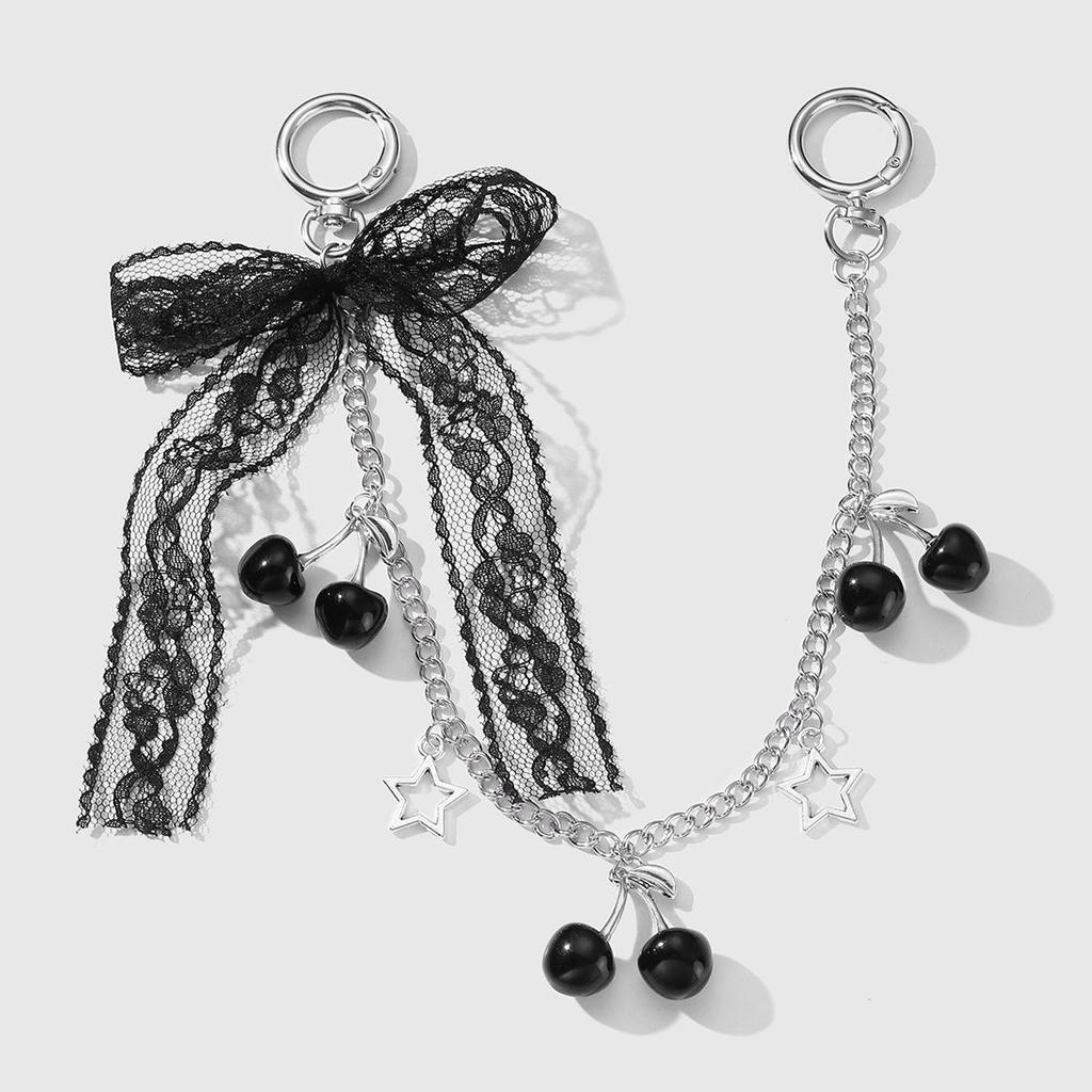 Retro Black & White Lace Bow Cherry Heart Star Keychain Charm