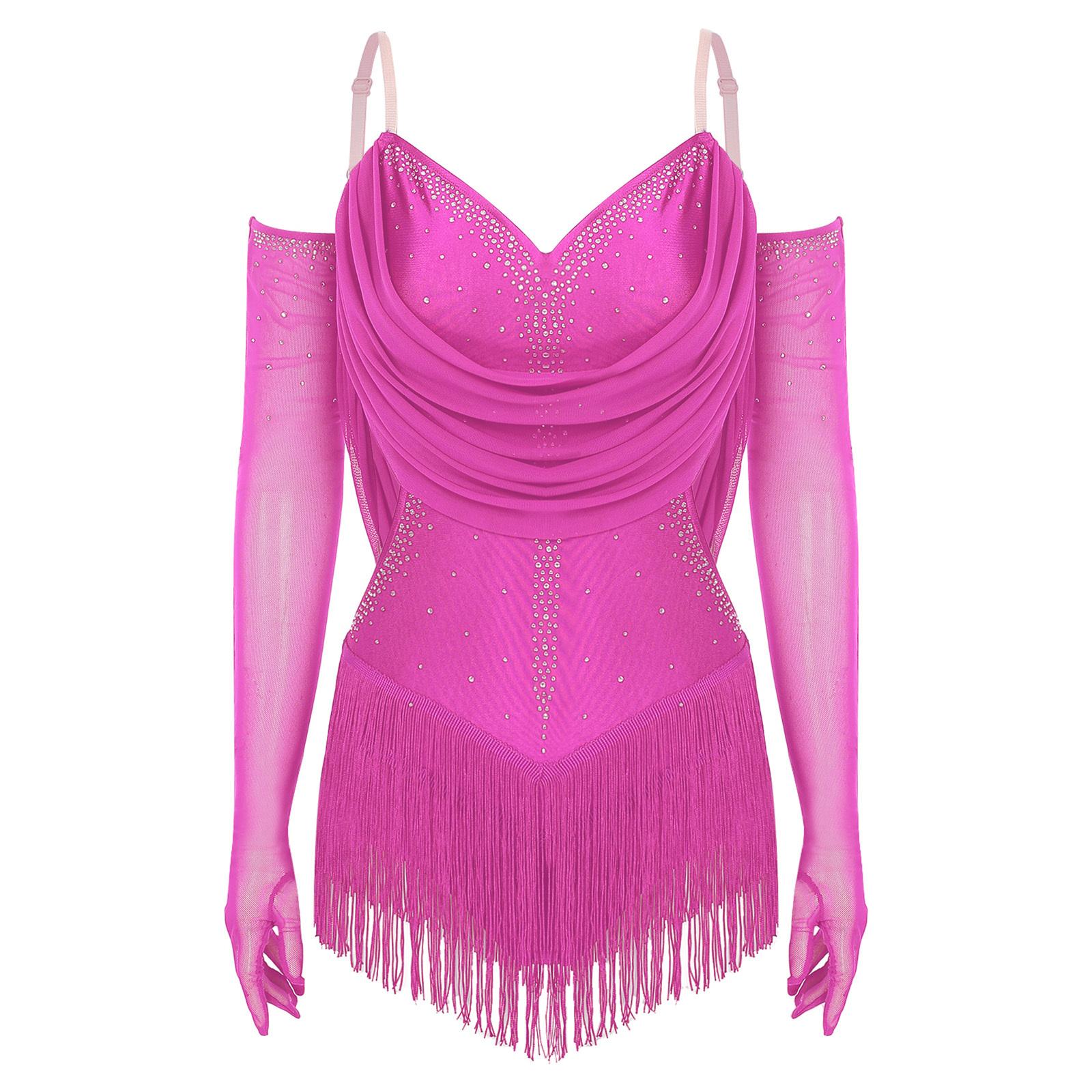 

Жіночий блискучий танцювальний одяг з китицями, сітчастий драпірований купальник, комбінезон з бахромою з кристалів, костюм для гімнастики з регульованими бретелями M гарячі рожевого кольору