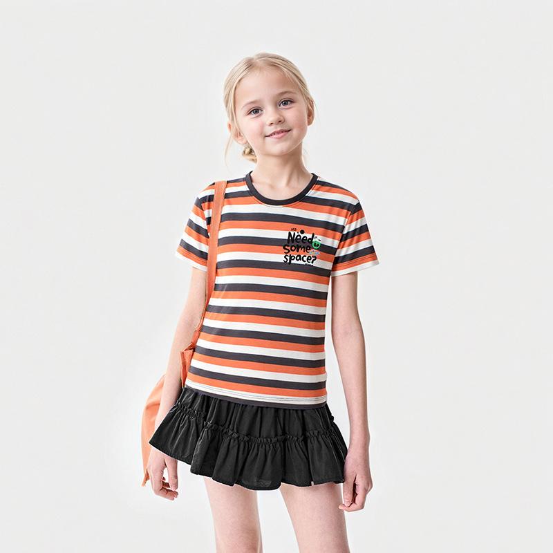 Kız Çocukları İçin Uyumlu Çizgili Kısa Kollu Tişört Çocuk Yazlık Nefes Alabilen Üst Yazılı