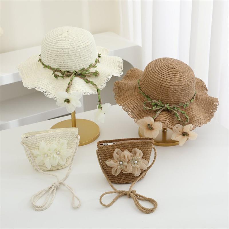 Straw Hat 2pcs Suit Cute and Shoulder Bag Girls Cartoon Bear Children Sun Hat Bag Set Spring Beach Hats For BoyGirl Kid Brim Cap