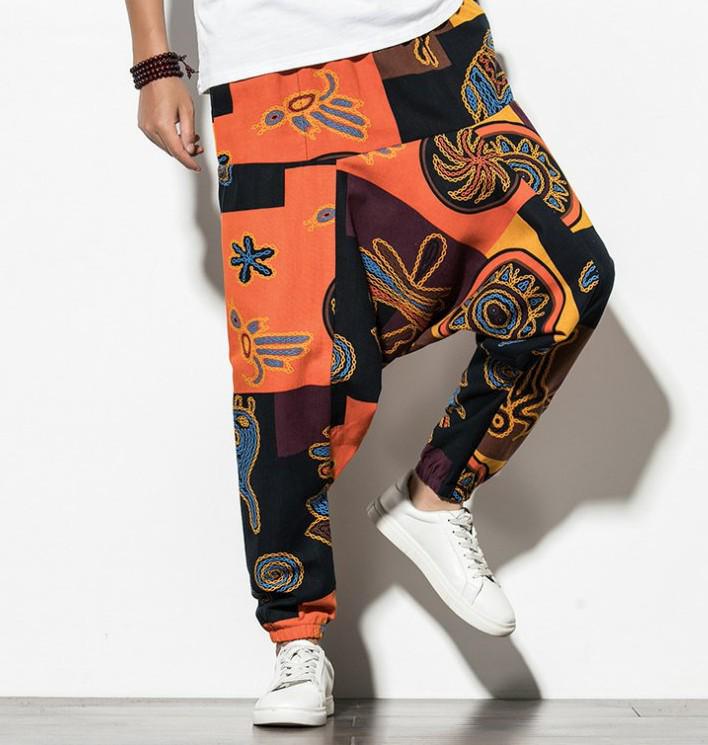 2026 Spring Men's Chinese-Style Cotton Linen Harem Pants - Printed Hip Hop Trousers