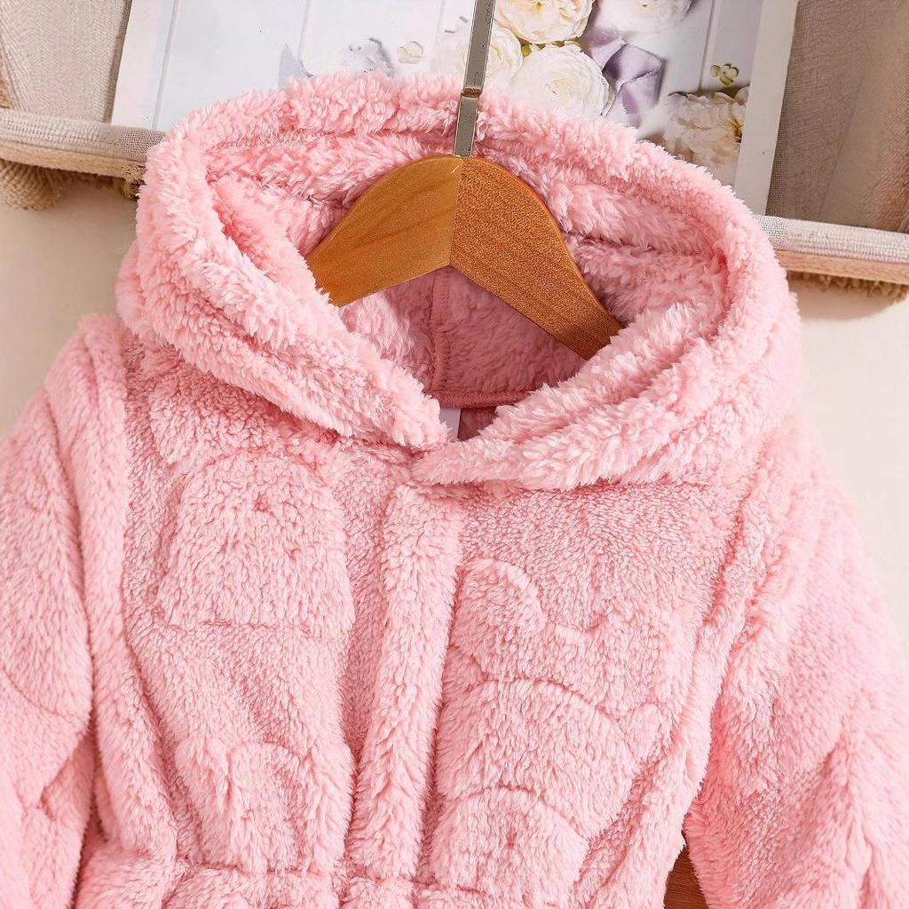 Girls' Teddy Bear Flannel Hooded Cardigan Jacket - Winter Casual Versatile Warm Wear.