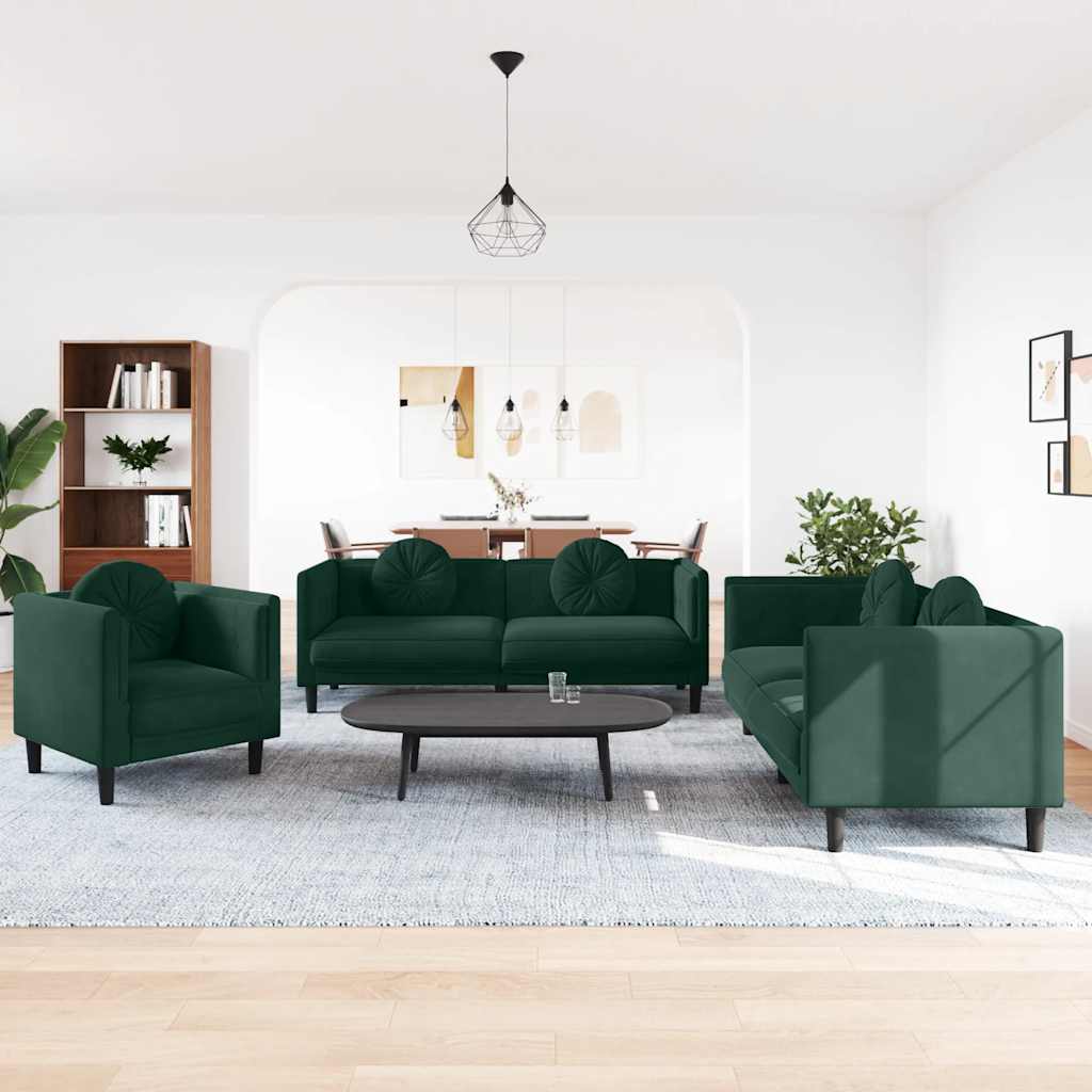 3 Piece Sofa Set with Cushions Dark Green Velvet