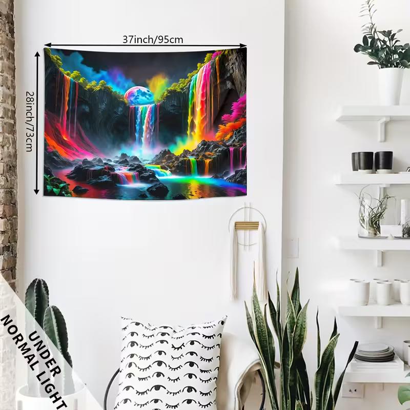 2D Trippy Rainbow Cascade Night Scenery Wall Tapestry, Aesthetic Dark Nature Art Home Background Cloth